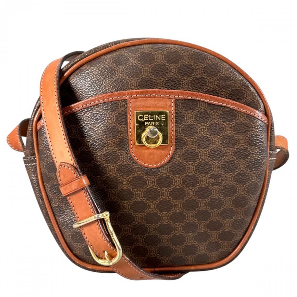 CELINE セリーヌ ショルダーバッグ マカダム ヴィンテージ M12 PVCコーティングキャンバス レザー ブラウン 茶 ゴールド金具 レディース【中古品】