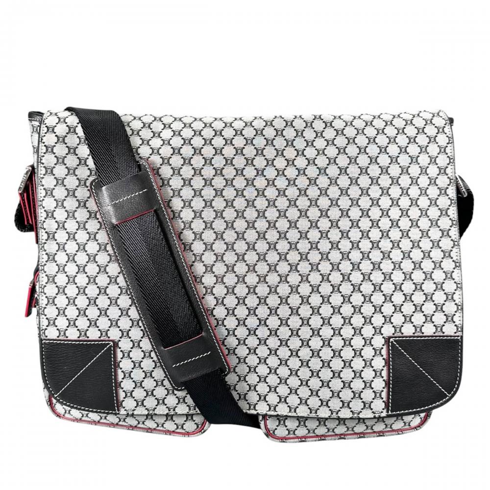 CELINE セリーヌ ショルダーバッグ マカダム メッセンジャーバッグ キャンバス グレー シルバー金具 レディース【中古品】