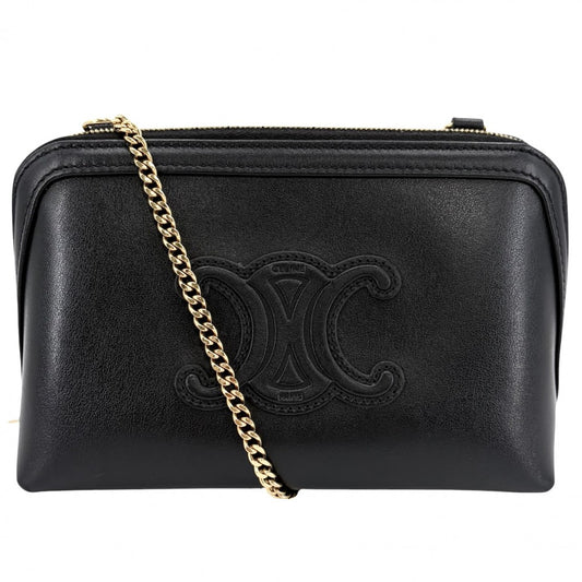 CELINE セリーヌ ショルダーバッグ ポシェット キュイルトリオンフ レザー ブラック 黒 ゴールド金具 レディース【中古品】