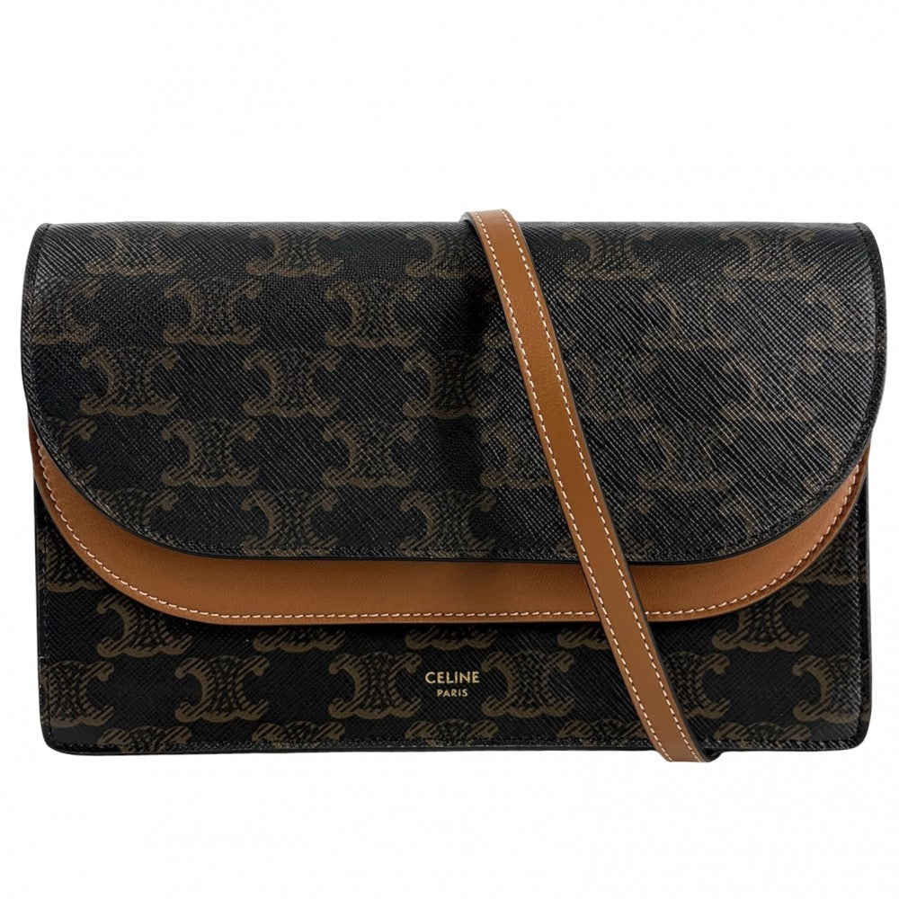 CELINE セリーヌ ショルダーバッグ トリオンフ 財布 セカンドバッグ ショルダーウォレット 2WAY 10D852CG9.04LU PVCコーティングキャンバス レザー ブラウン 茶 ゴールド金具 レディース【中古品】
