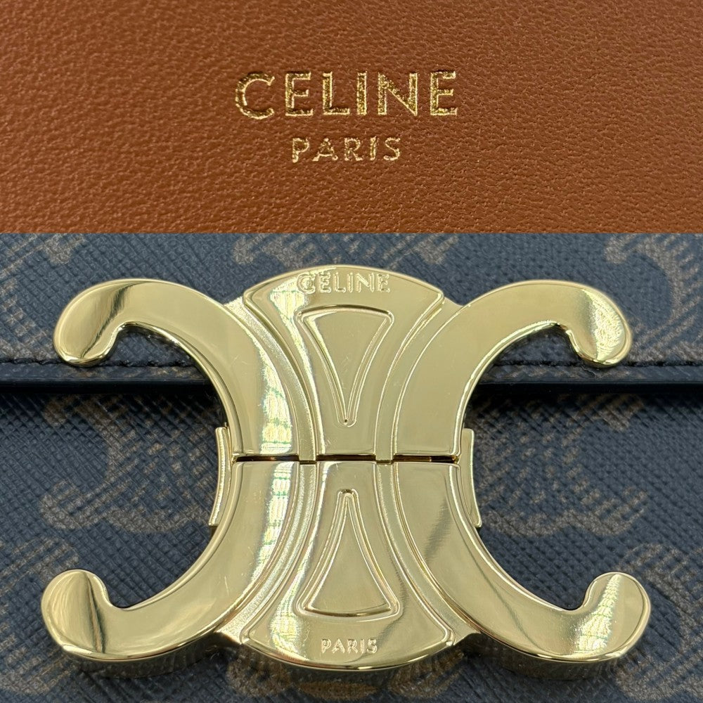 CELINE セリーヌ ショルダーバッグ トリオンフ クロード ミニバッグ PVCコーティングキャンバス レザー ブラウン 茶 ゴールド金具 レディース【中古品】