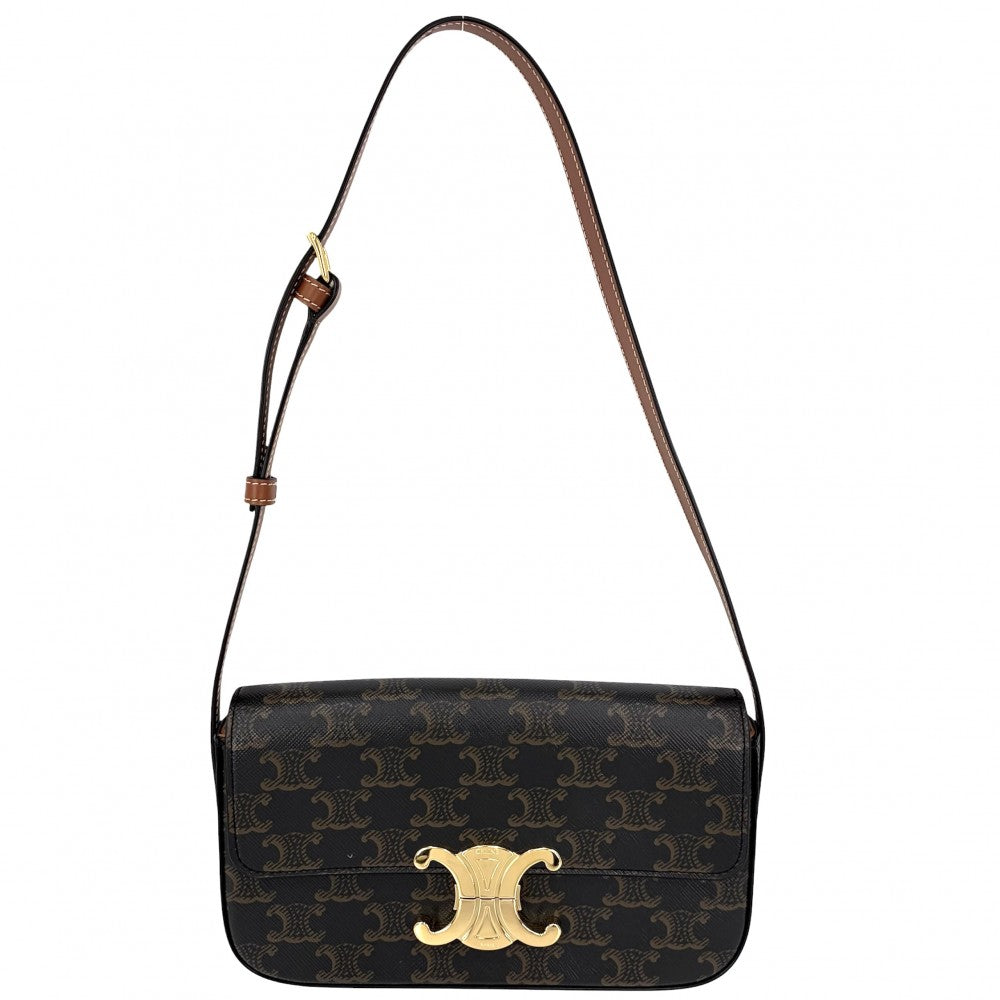 CELINE セリーヌ ショルダーバッグ トリオンフ クロード ミニバッグ PVCコーティングキャンバス レザー ブラウン 茶 ゴールド金具 レディース【中古品】