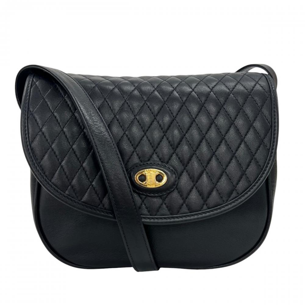 CELINE セリーヌ ショルダーバッグ キルティング トリオンフ レザー ブラック 黒 ゴールド金具 レディース【中古品】