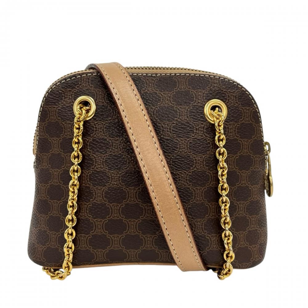CELINE セリーヌ ショルダーバッグ マカダム チェーンショルダー ミニマル PVCコーティングキャンバス レザー ブラウン 茶 ゴールド金具 レディース【中古品】
