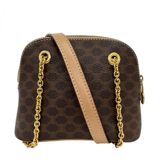 CELINE セリーヌ ショルダーバッグ マカダム チェーンショルダー ミニマル PVCコーティングキャンバス レザー ブラウン 茶 ゴールド金具 レディース【中古品】