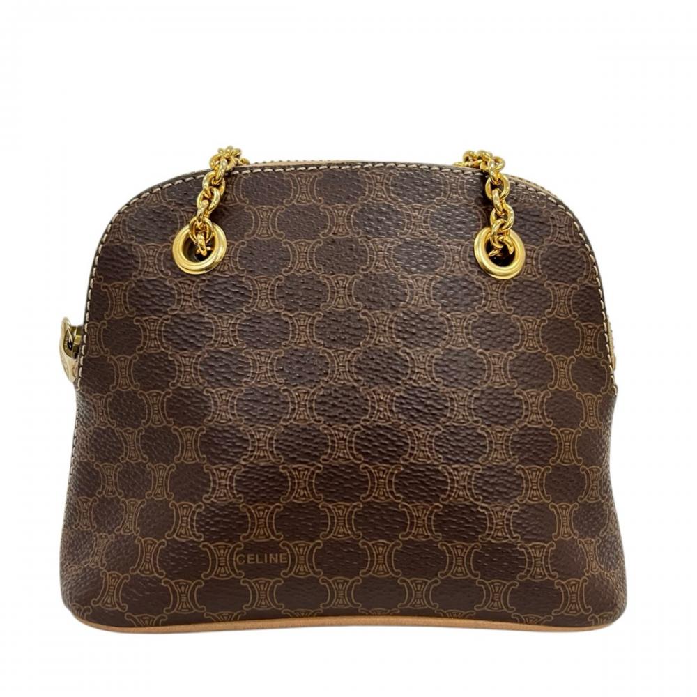 CELINE セリーヌ ショルダーバッグ マカダム チェーンショルダー ミニマル PVCコーティングキャンバス レザー ブラウン 茶 ゴールド金具 レディース【中古品】