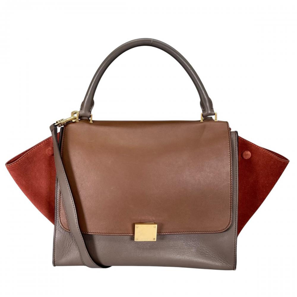 CELINE セリーヌ 2WAY サイドウィング トラペーズ ミディアム ハンドバッグ ショルダーバッグ バイカラー スムースレザー ブラウン 茶 レッド 赤 ゴールド金具 レディース【中古品】