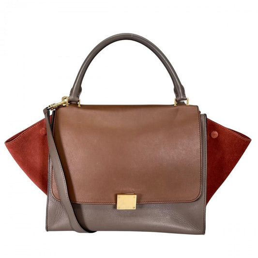 CELINE セリーヌ 2WAY サイドウィング トラペーズ ミディアム ハンドバッグ ショルダーバッグ バイカラー スムースレザー ブラウン 茶 レッド 赤 ゴールド金具 レディース【中古品】
