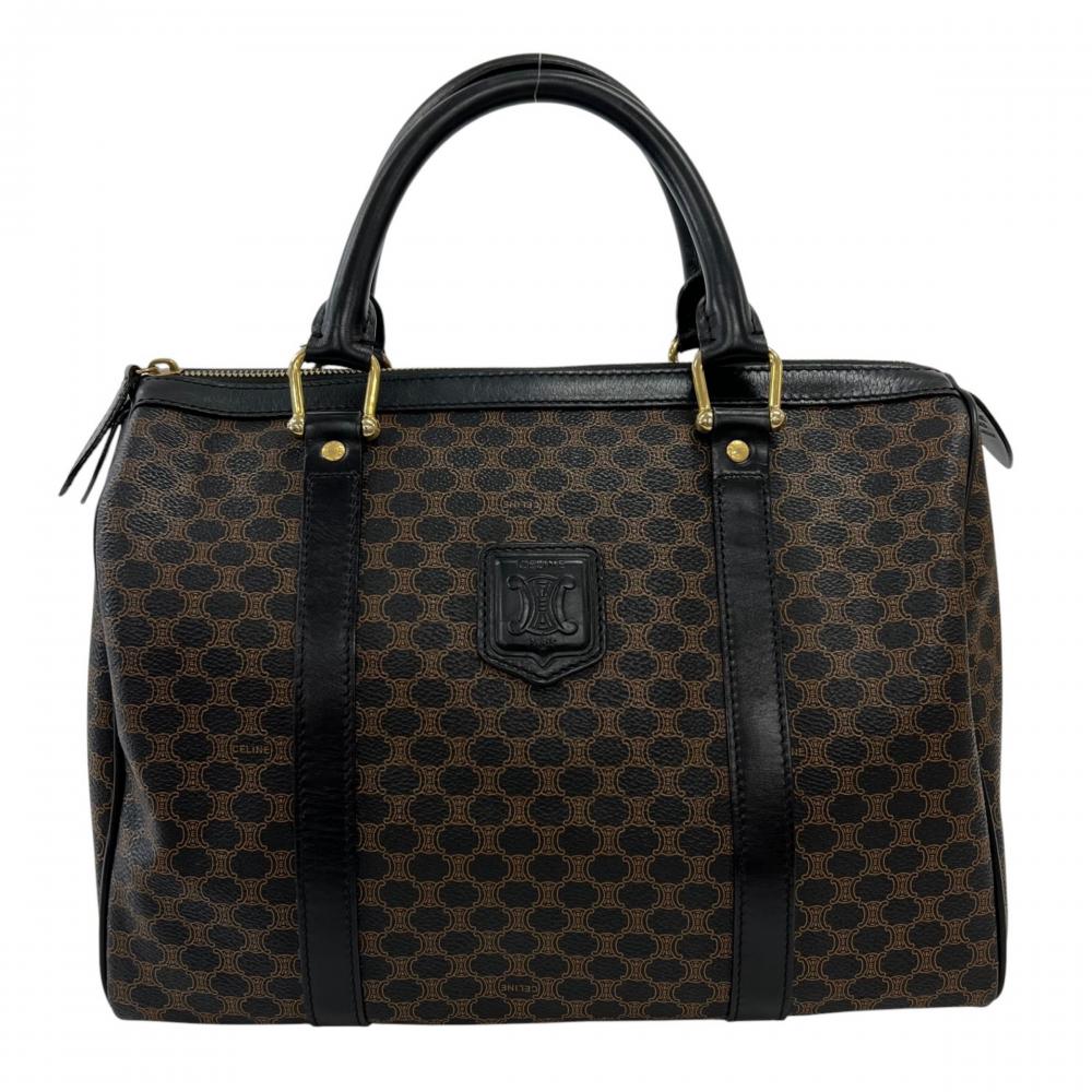 CELINE セリーヌ ハンドバッグ オールドセリーヌ マカダム ミニボストン PVCコーティングキャンバス レザー ブラック 黒 ブラウン 茶 ゴールド金具 レディース【中古品】