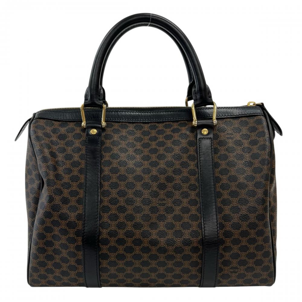 CELINE セリーヌ ハンドバッグ オールドセリーヌ マカダム ミニボストン PVCコーティングキャンバス レザー ブラック 黒 ブラウン 茶 ゴールド金具 レディース【中古品】