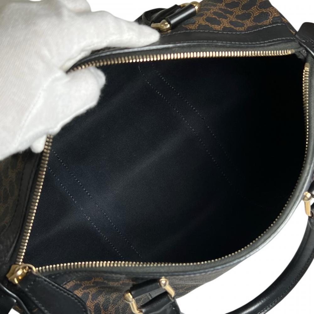 CELINE セリーヌ ハンドバッグ オールドセリーヌ マカダム ミニボストン PVCコーティングキャンバス レザー ブラック 黒 ブラウン 茶 ゴールド金具 レディース【中古品】
