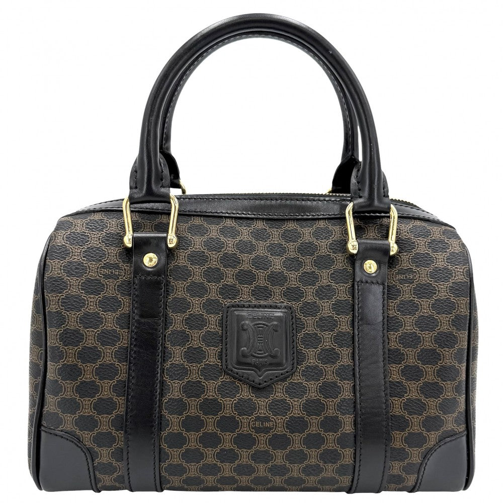 CELINE セリーヌ ハンドバッグ マカダム ヴィンテージ PVCコーティングキャンバス レザー ブラウン 茶 ブラック 黒 ゴールド金具 レディース【中古品】