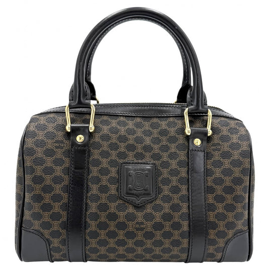 CELINE セリーヌ ハンドバッグ マカダム ヴィンテージ PVCコーティングキャンバス レザー ブラウン 茶 ブラック 黒 ゴールド金具 レディース【中古品】