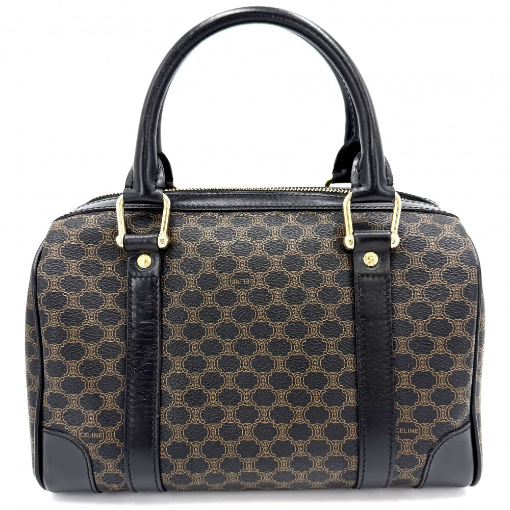 CELINE セリーヌ ハンドバッグ マカダム ヴィンテージ PVCコーティングキャンバス レザー ブラウン 茶 ブラック 黒 ゴールド金具 レディース【中古品】