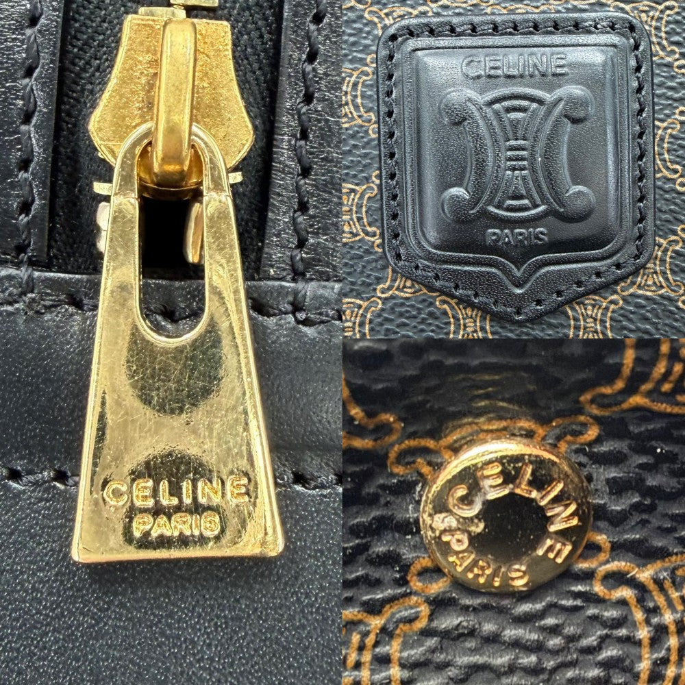 CELINE セリーヌ ハンドバッグ マカダム ヴィンテージ PVCコーティングキャンバス レザー ブラウン 茶 ブラック 黒 ゴールド金具 レディース【中古品】