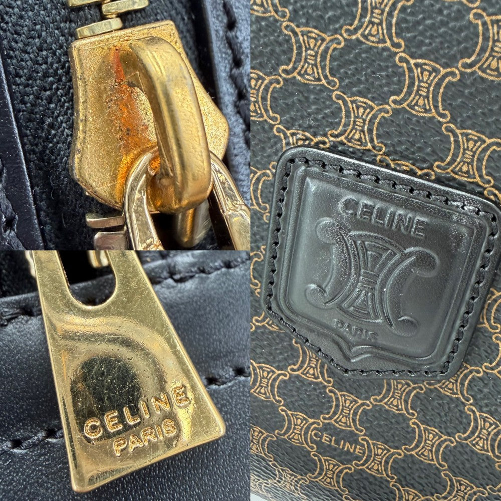 CELINE セリーヌ ハンドバッグ マカダム ヴィンテージ PVCコーティングキャンバス レザー ブラウン 茶 ブラック 黒 ゴールド金具 レディース【中古品】