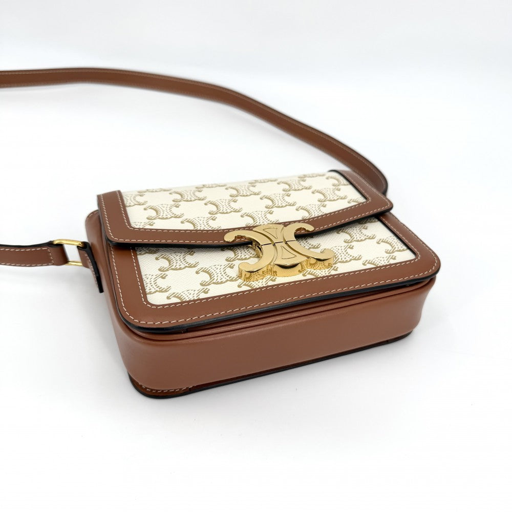 CELINE セリーヌ ショルダーバッグ ティーン トリオンフ PVCコーティングキャンバス レザー ホワイト 白 ブラウン 茶 ゴールド金具 レディース【中古品】