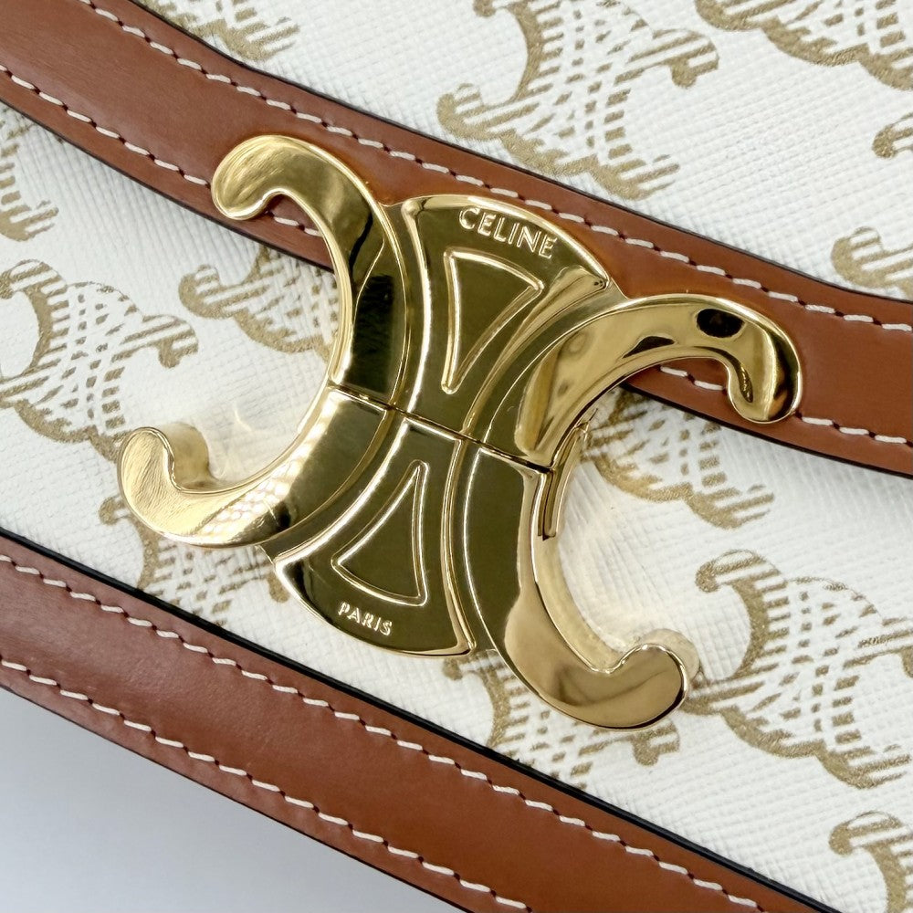 CELINE セリーヌ ショルダーバッグ ティーン トリオンフ PVCコーティングキャンバス レザー ホワイト 白 ブラウン 茶 ゴールド金具 レディース【中古品】