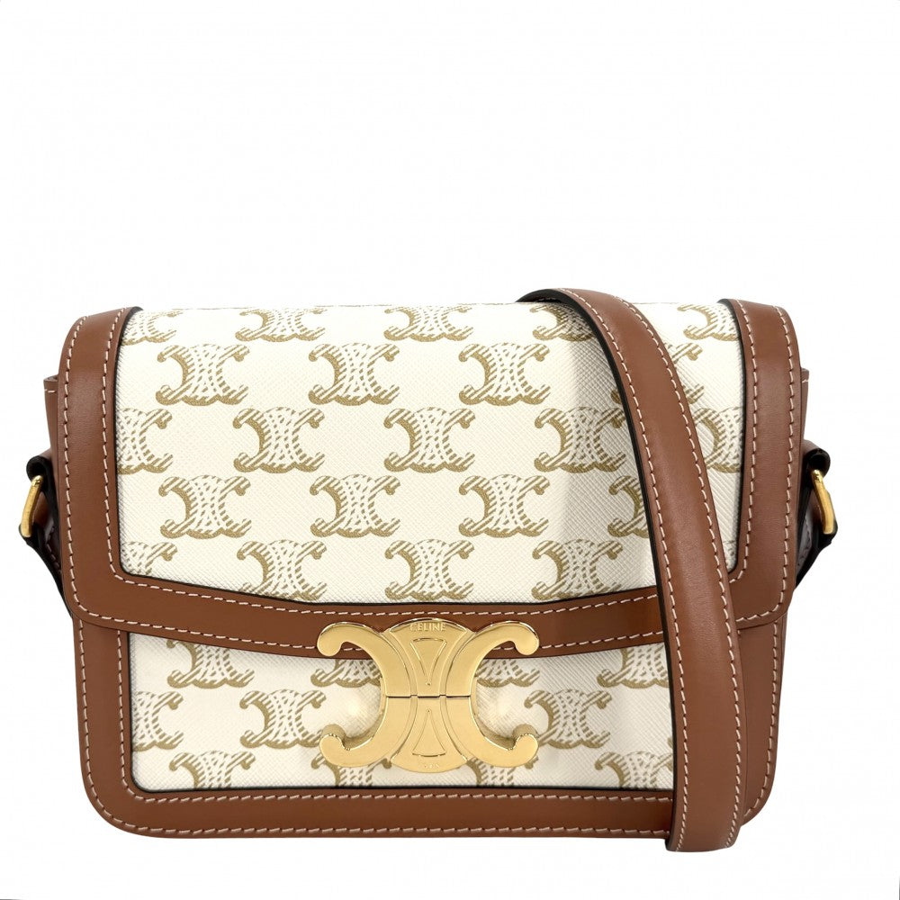 CELINE セリーヌ ショルダーバッグ ティーン トリオンフ PVCコーティングキャンバス レザー ホワイト 白 ブラウン 茶 ゴールド金具 レディース【中古品】