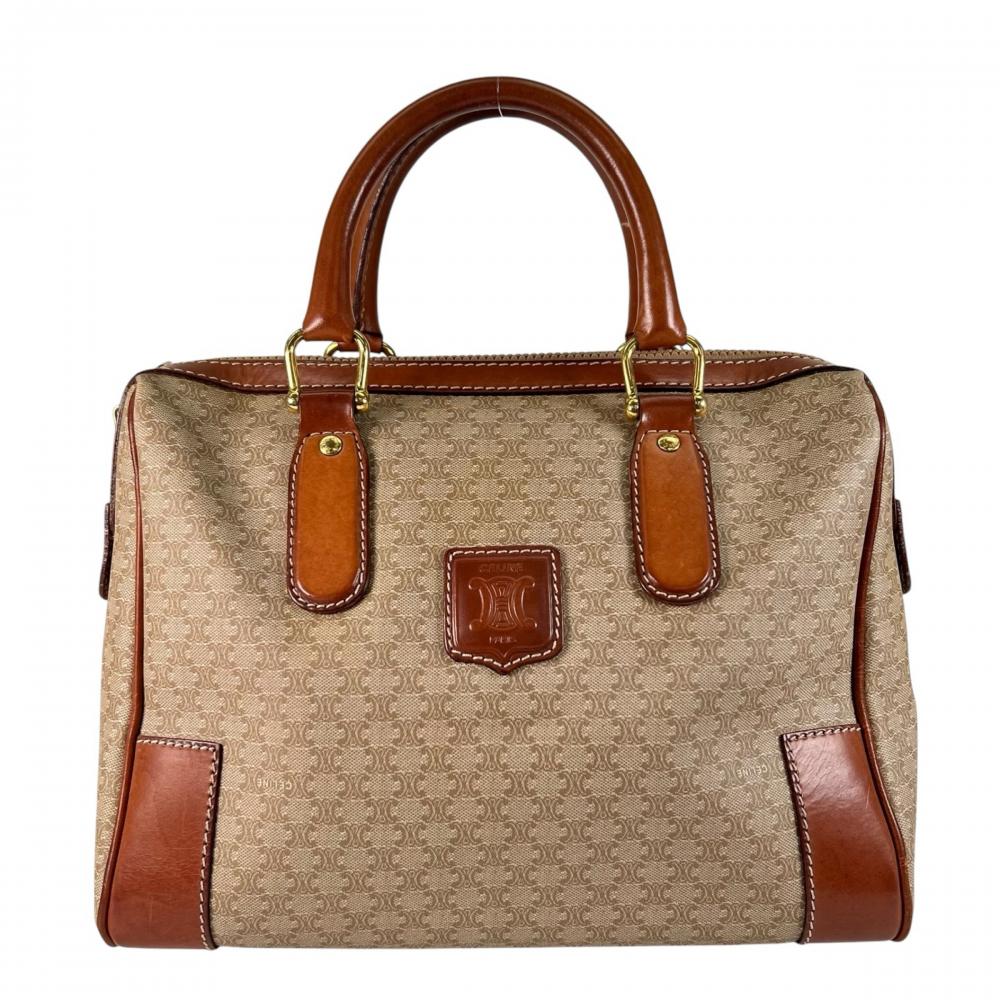CELINE セリーヌ ハンドバッグ マカダム センターロゴ PVCコーティングキャンバス レザー ベージュ ゴールド金具 レディース【中古品】