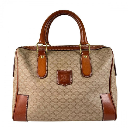 CELINE セリーヌ ハンドバッグ マカダム センターロゴ PVCコーティングキャンバス レザー ベージュ ゴールド金具 レディース【中古品】