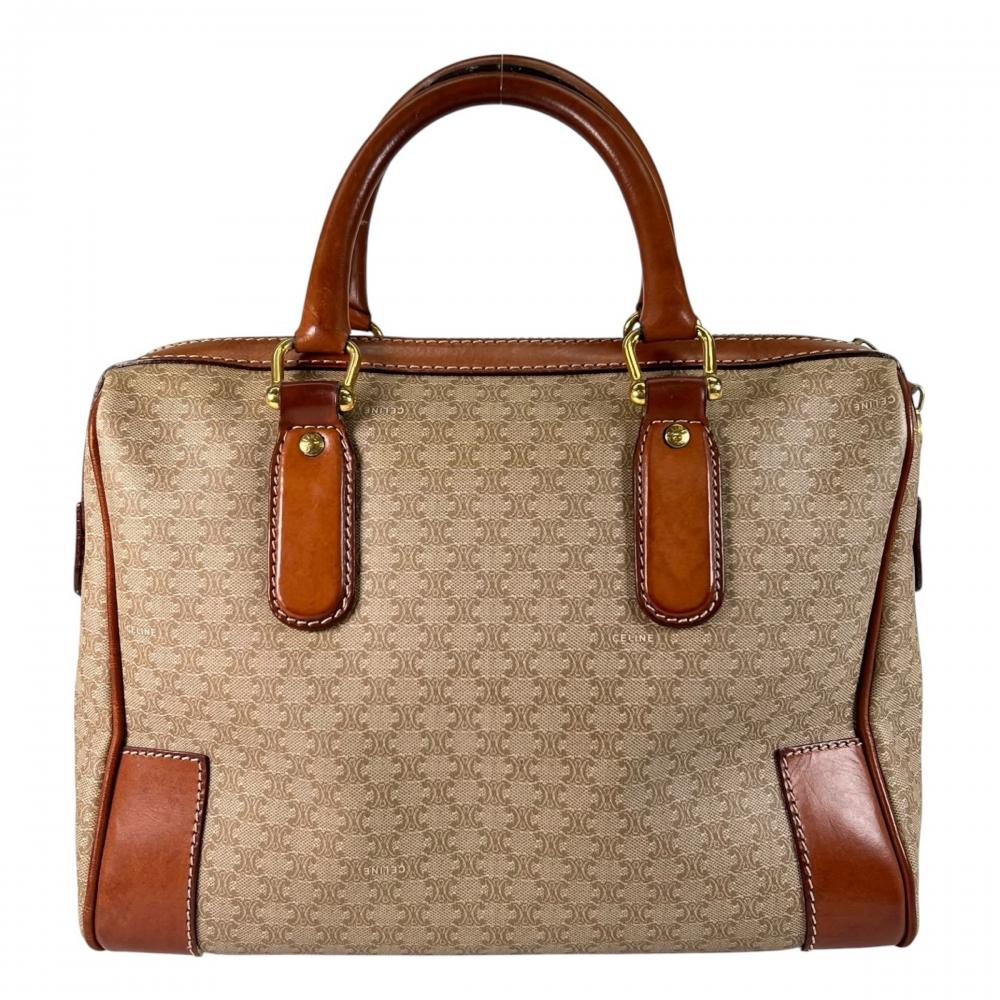 CELINE セリーヌ ハンドバッグ マカダム センターロゴ PVCコーティングキャンバス レザー ベージュ ゴールド金具 レディース【中古品】