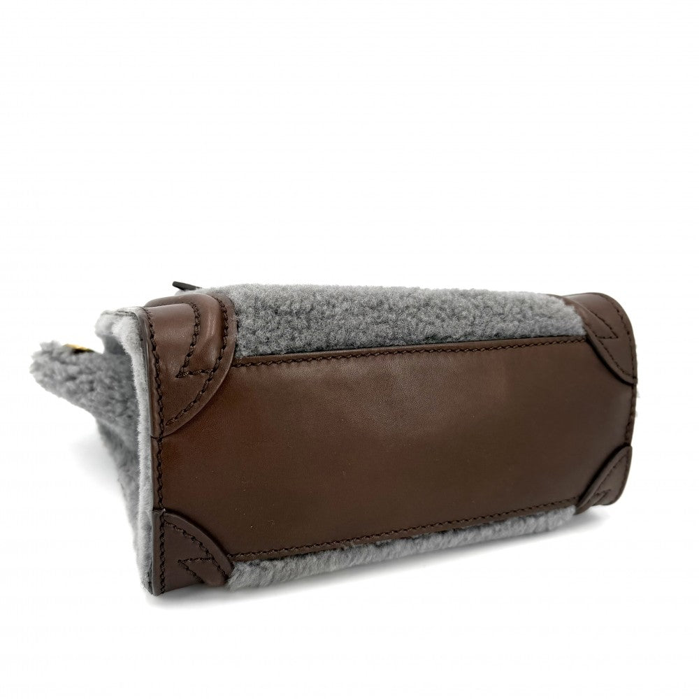 CELINE セリーヌ 2WAY ラゲージナノショッパー ボア ショルダーバッグ ハンドバッグ レザー ムートン ブラウン 茶 グレー ゴールド金具 レディース【中古品】