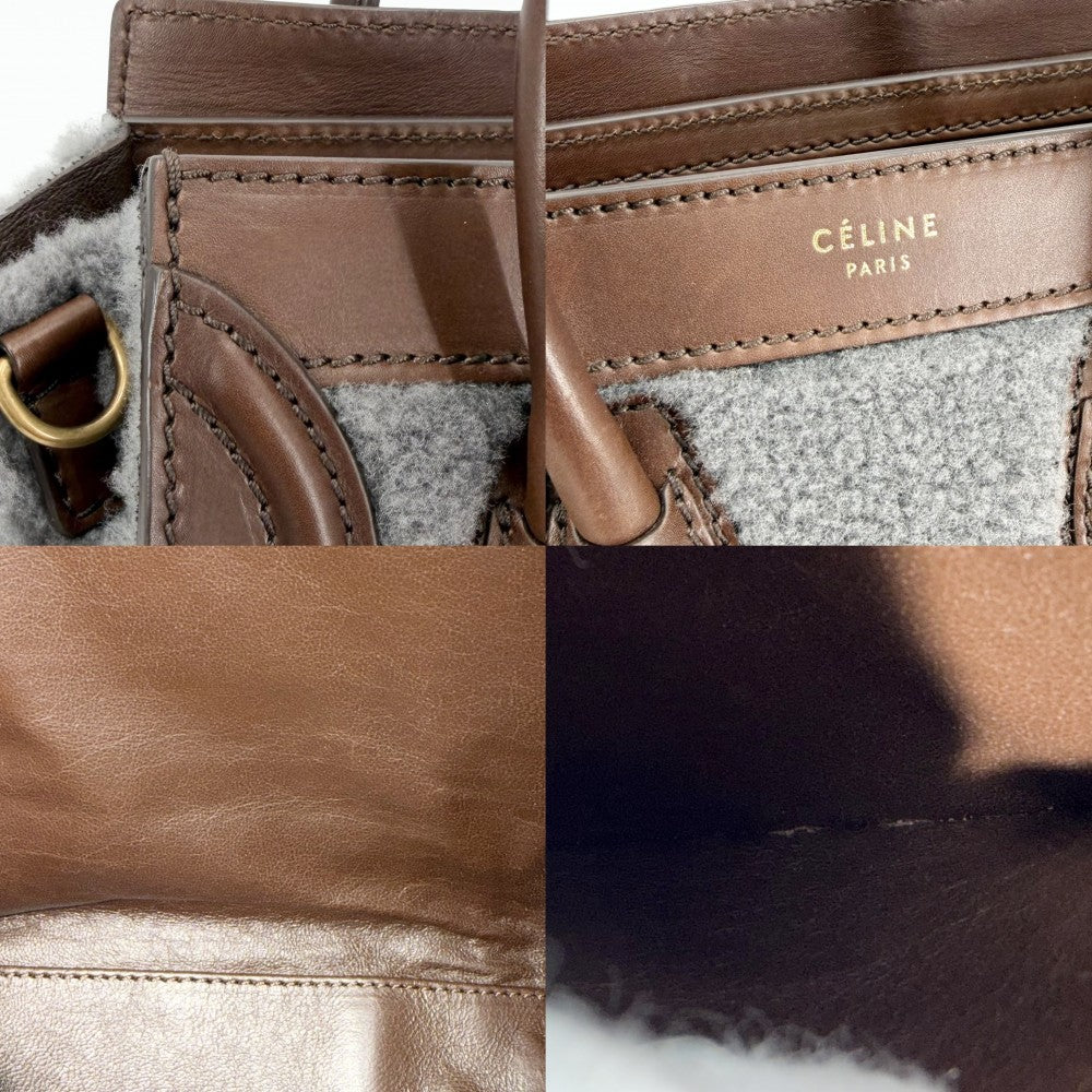 【開店SALE】 CELINE セリーヌ 2WAY ラゲージナノショッパー ボア ショルダーバッグ ハンドバッグ レザー ムートン ブラウン 茶 グレー ゴールド金具 レディース【中古品】