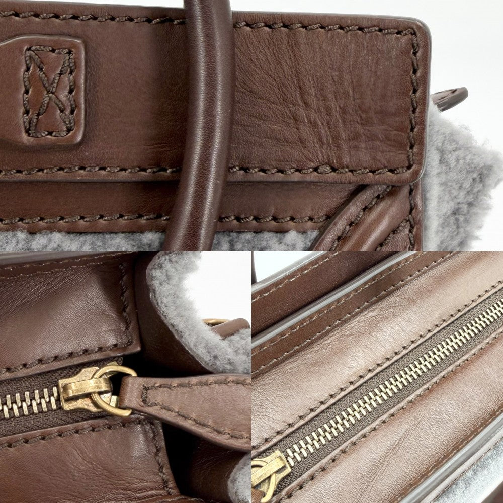 【開店SALE】 CELINE セリーヌ 2WAY ラゲージナノショッパー ボア ショルダーバッグ ハンドバッグ レザー ムートン ブラウン 茶 グレー ゴールド金具 レディース【中古品】