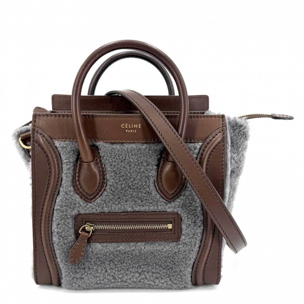 【開店SALE】 CELINE セリーヌ 2WAY ラゲージナノショッパー ボア ショルダーバッグ ハンドバッグ レザー ムートン ブラウン 茶 グレー ゴールド金具 レディース【中古品】