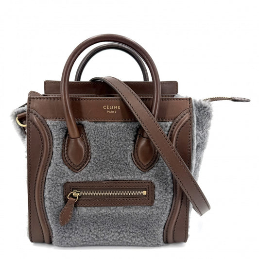 CELINE セリーヌ 2WAY ラゲージナノショッパー ボア ショルダーバッグ ハンドバッグ レザー ムートン ブラウン 茶 グレー ゴールド金具 レディース【中古品】