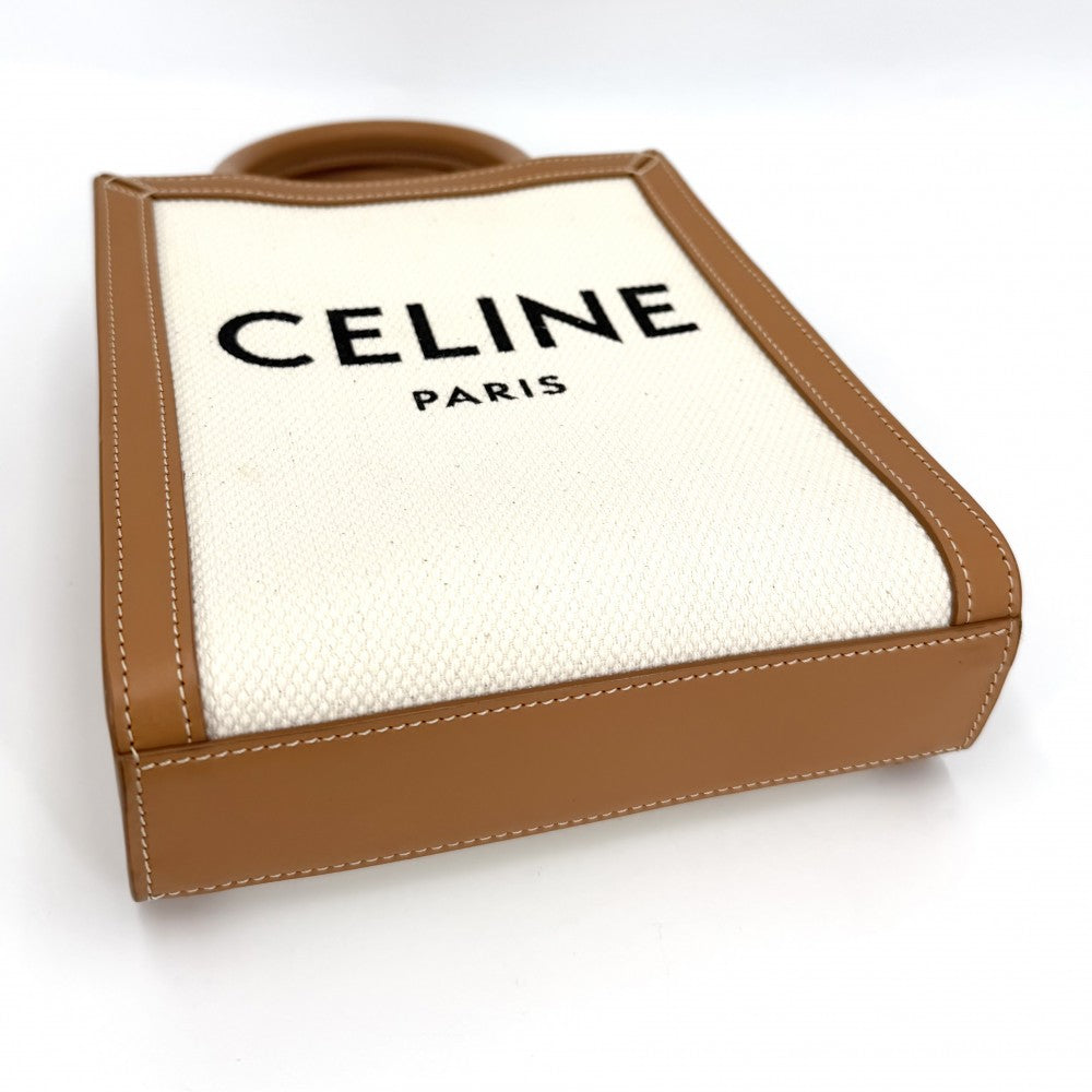 CELINE セリーヌ 2WAY ミニ バーティカルカバ ミニハンドバッグ ショルダーバッグ キャンバス レザー アイボリー ブラウン 茶 ゴールド金具 レディース【中古品】