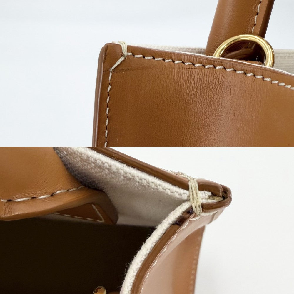 CELINE セリーヌ 2WAY ミニ バーティカルカバ ミニハンドバッグ ショルダーバッグ キャンバス レザー アイボリー ブラウン 茶 ゴールド金具 レディース【中古品】