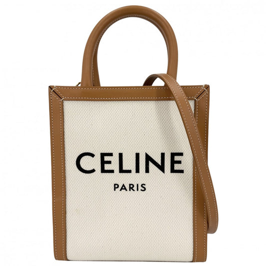 CELINE セリーヌ 2WAY ミニ バーティカルカバ ミニハンドバッグ ショルダーバッグ キャンバス レザー アイボリー ブラウン 茶 ゴールド金具 レディース【中古品】