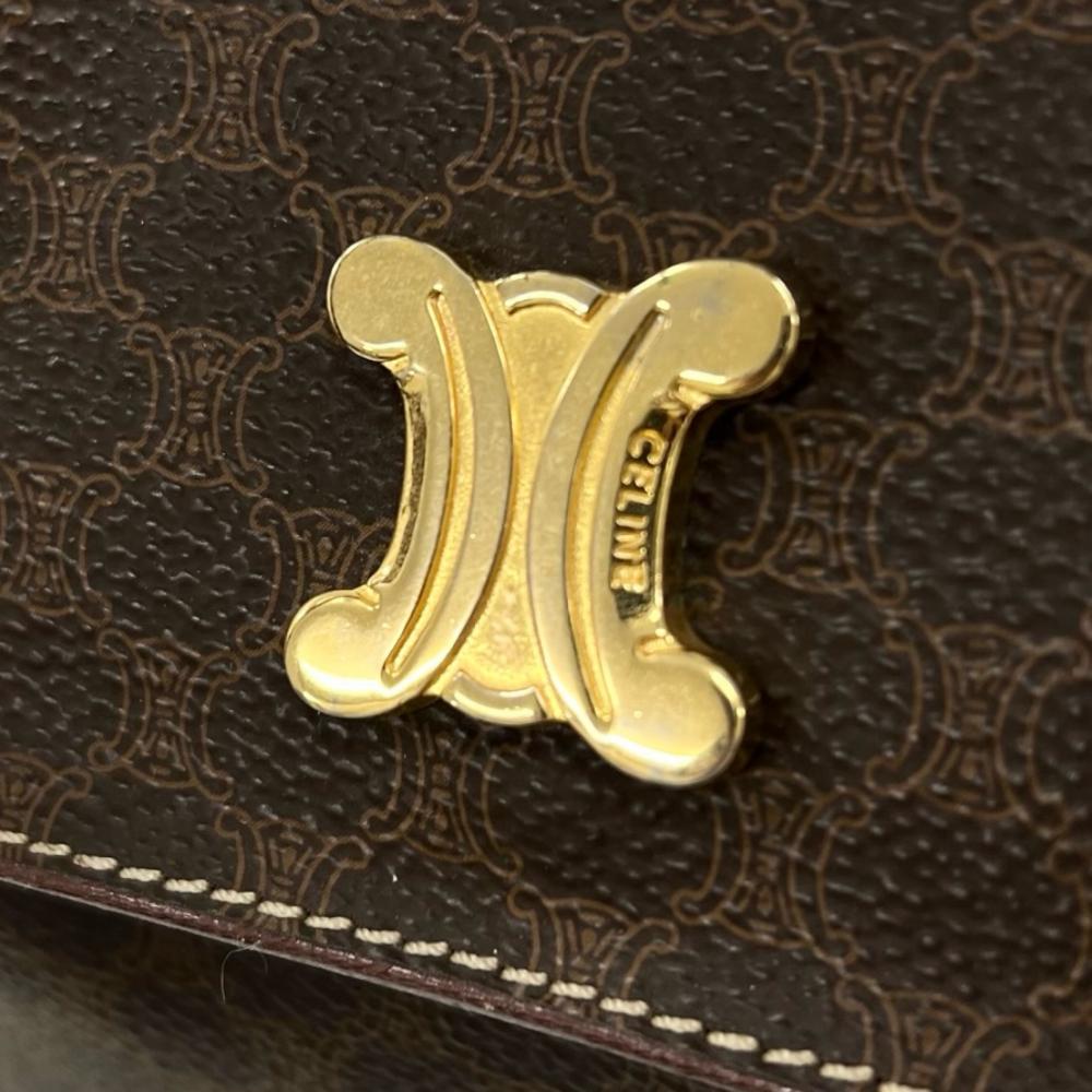 CELINE セリーヌ ハンドバッグ マカダム ロゴ金具 PVC カーフレザー ブラウン 茶 ゴールド金具 レディース【中古品】