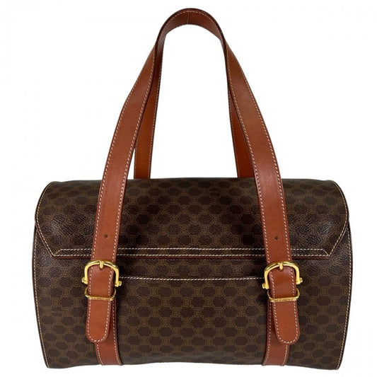 CELINE セリーヌ ハンドバッグ マカダム ロゴ金具 PVC カーフレザー ブラウン 茶 ゴールド金具 レディース【中古品】