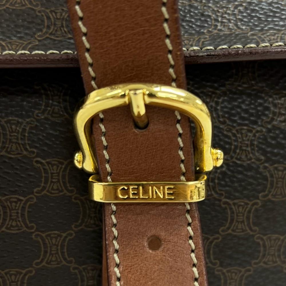 CELINE セリーヌ ハンドバッグ マカダム ロゴ金具 PVC カーフレザー ブラウン 茶 ゴールド金具 レディース【中古品】