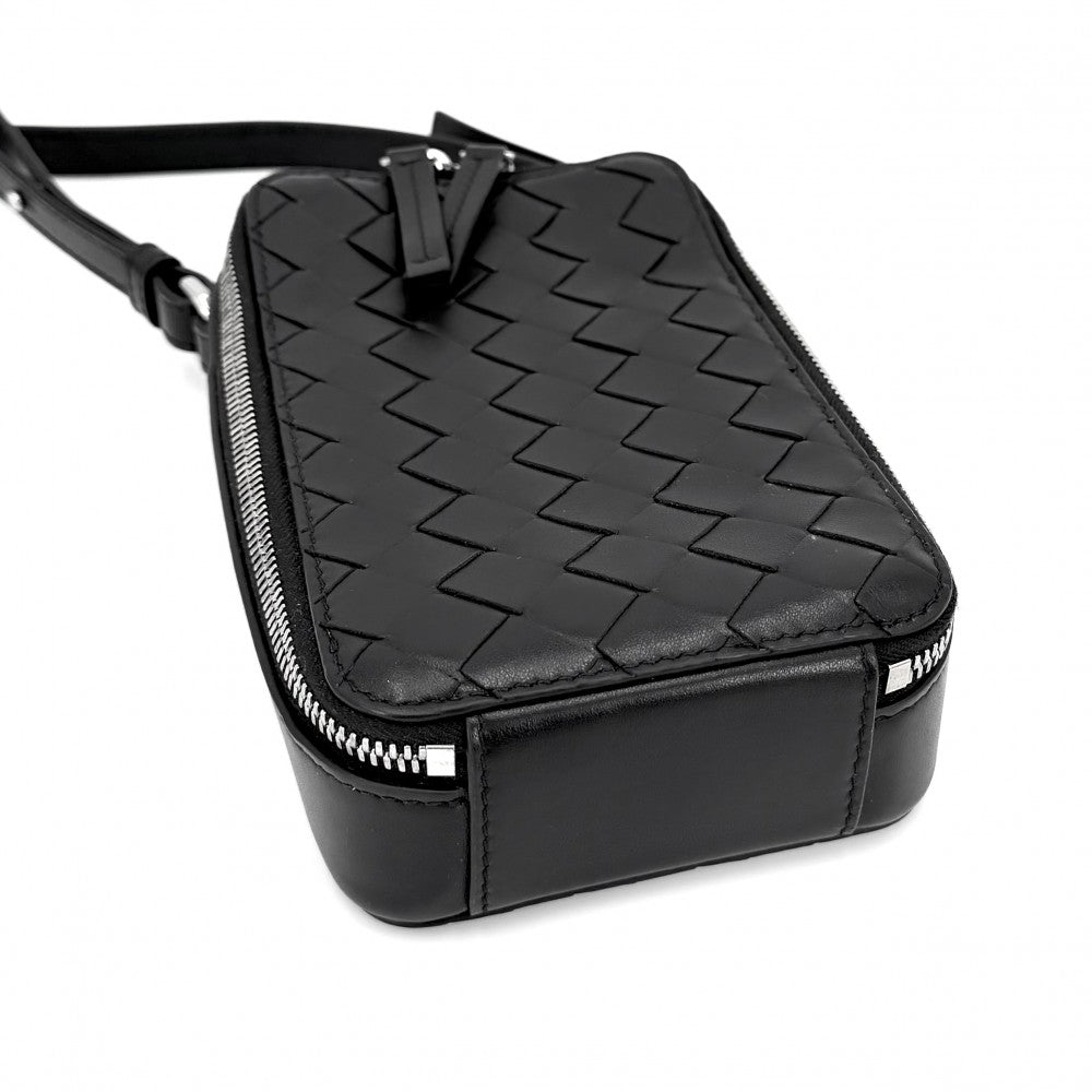 BOTTEGAVENETA ボッテガヴェネタ 2WAY イントレチャート ゲッタウェイ フォンポーチ ミニハンドバッグ ショルダーバッグ 826829 レザー ブラック 黒 シルバー金具 ユニセックス【中古品】