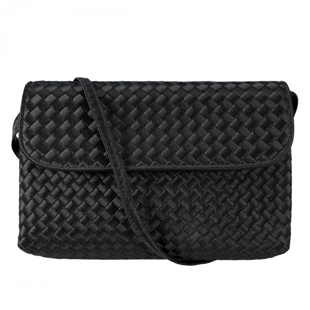 BOTTEGAVENETA ボッテガヴェネタ ショルダーバッグ イントレチャート サテン シルク ブラック 黒 ゴールド金具 レディース【中古品】