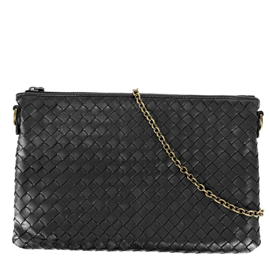 BOTTEGAVENETA ボッテガヴェネタ ショルダーバッグ イントレチャート チェーンショルダー レザー ブラック 黒 アンティークゴールド金具 レディース【中古品】