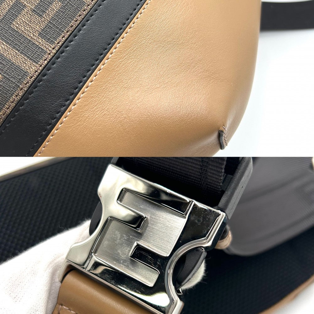 FENDI フェンディ ボディバッグ ズッカ ダイアゴナルベルトバッグ ウエストポーチ 鞄 かばん 7VA562 PVCコーティングキャンバス レザー ブラウン 茶 シルバー金具 メンズ【中古品】