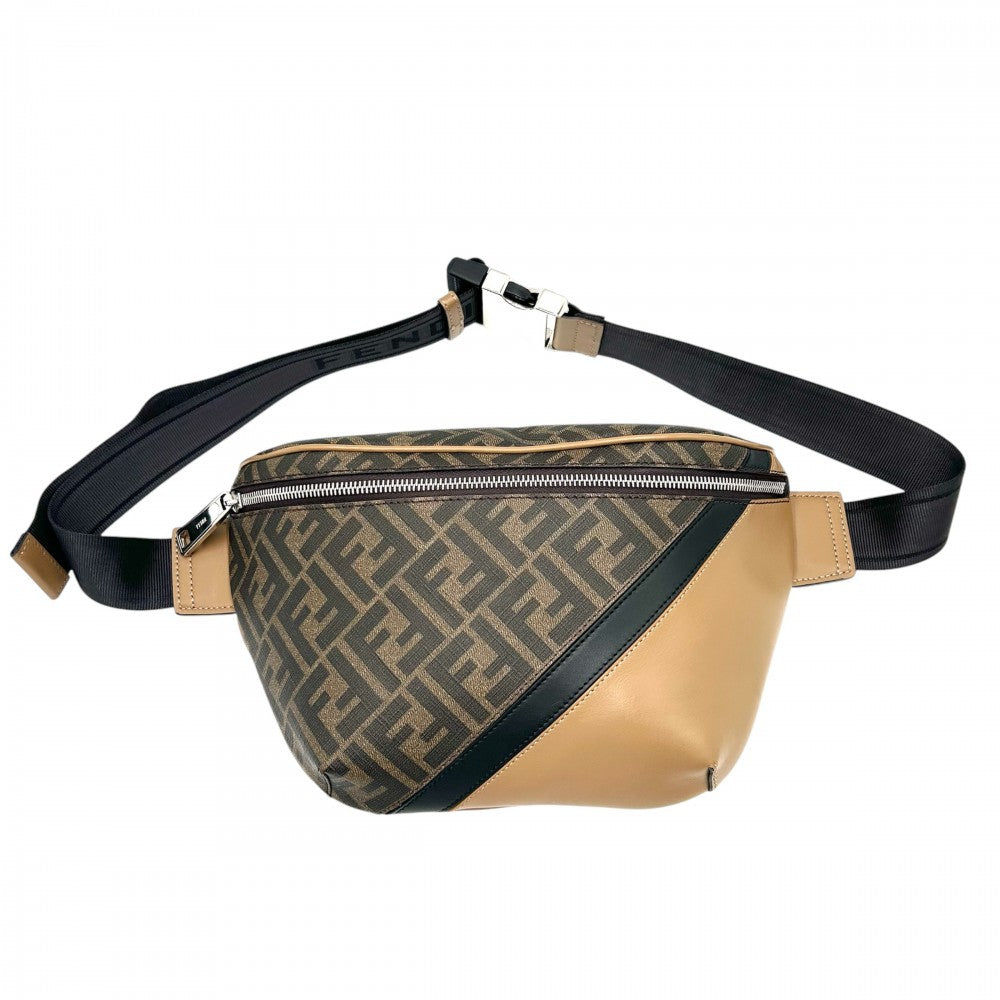 FENDI フェンディ ボディバッグ ズッカ ダイアゴナルベルトバッグ ウエストポーチ 鞄 かばん 7VA562 PVCコーティングキャンバス レザー ブラウン 茶 シルバー金具 メンズ【中古品】