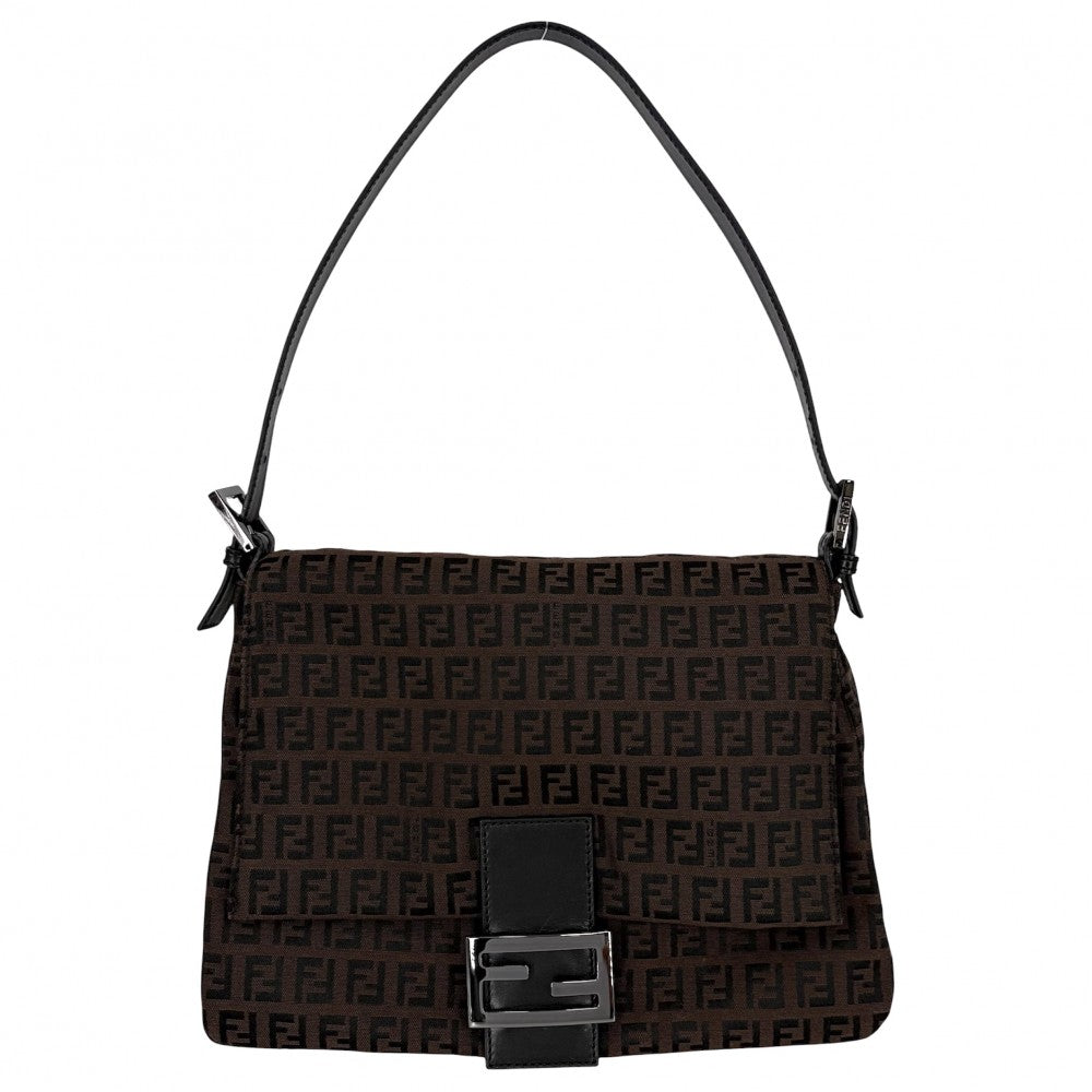 FENDI フェンディ ショルダーバッグ ズッキーノ マンマバケット ワンショルダー Mamma Bucket 8BR001 キャンバス レザー ブラウン 茶 ブラック 黒 ガンメタル金具 レディース【中古品】