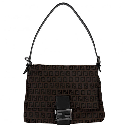 FENDI フェンディ ショルダーバッグ ズッキーノ マンマバケット ワンショルダー Mamma Bucket 8BR001 キャンバス レザー ブラウン 茶 ブラック 黒 ガンメタル金具 レディース【中古品】