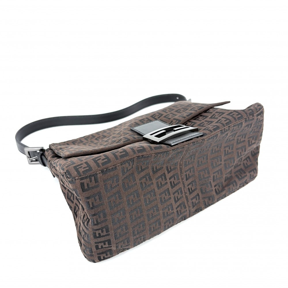 FENDI フェンディ ショルダーバッグ ズッキーノ マンマバケット ワンショルダー Mamma Bucket 8BR001 キャンバス レザー ブラウン 茶 ブラック 黒 ガンメタル金具 レディース【中古品】