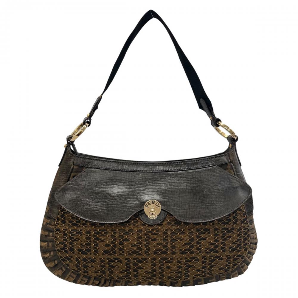 FENDI フェンディ ショルダーバッグ ズッカ ワンショルダー 8BR494 カーフ ジャガードキャンバス ブラウン 茶 ゴールド金具 レディース【中古品】