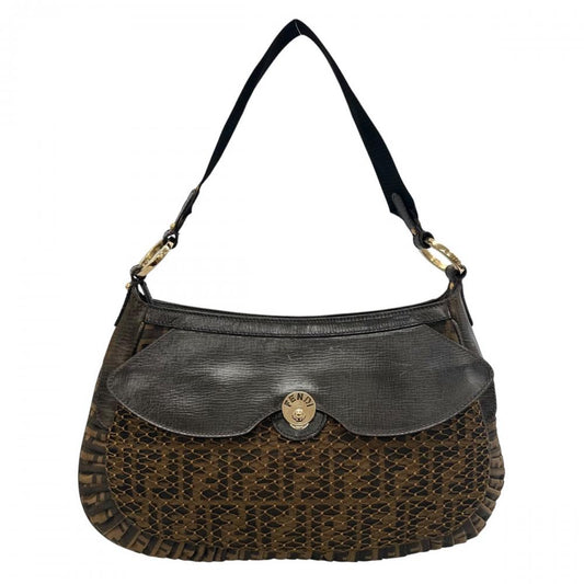 FENDI フェンディ ショルダーバッグ ズッカ ワンショルダー 8BR494 カーフ ジャガードキャンバス ブラウン 茶 ゴールド金具 レディース【中古品】