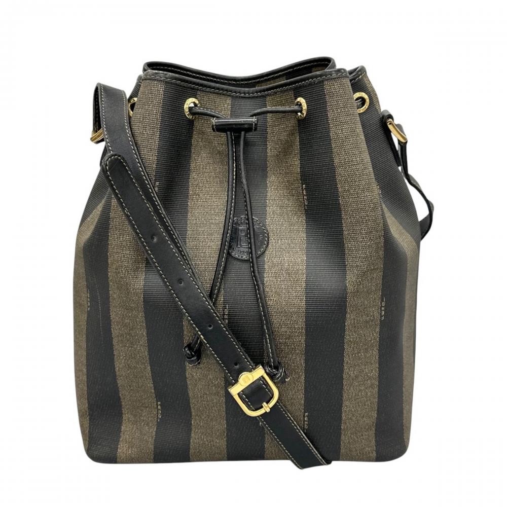 FENDI フェンディ ショルダーバッグ ペカン 巾着型 FFロゴ PVCコーティングキャンバス ブラウン 茶 ブラック 黒 ゴールド金具 レディース【中古品】