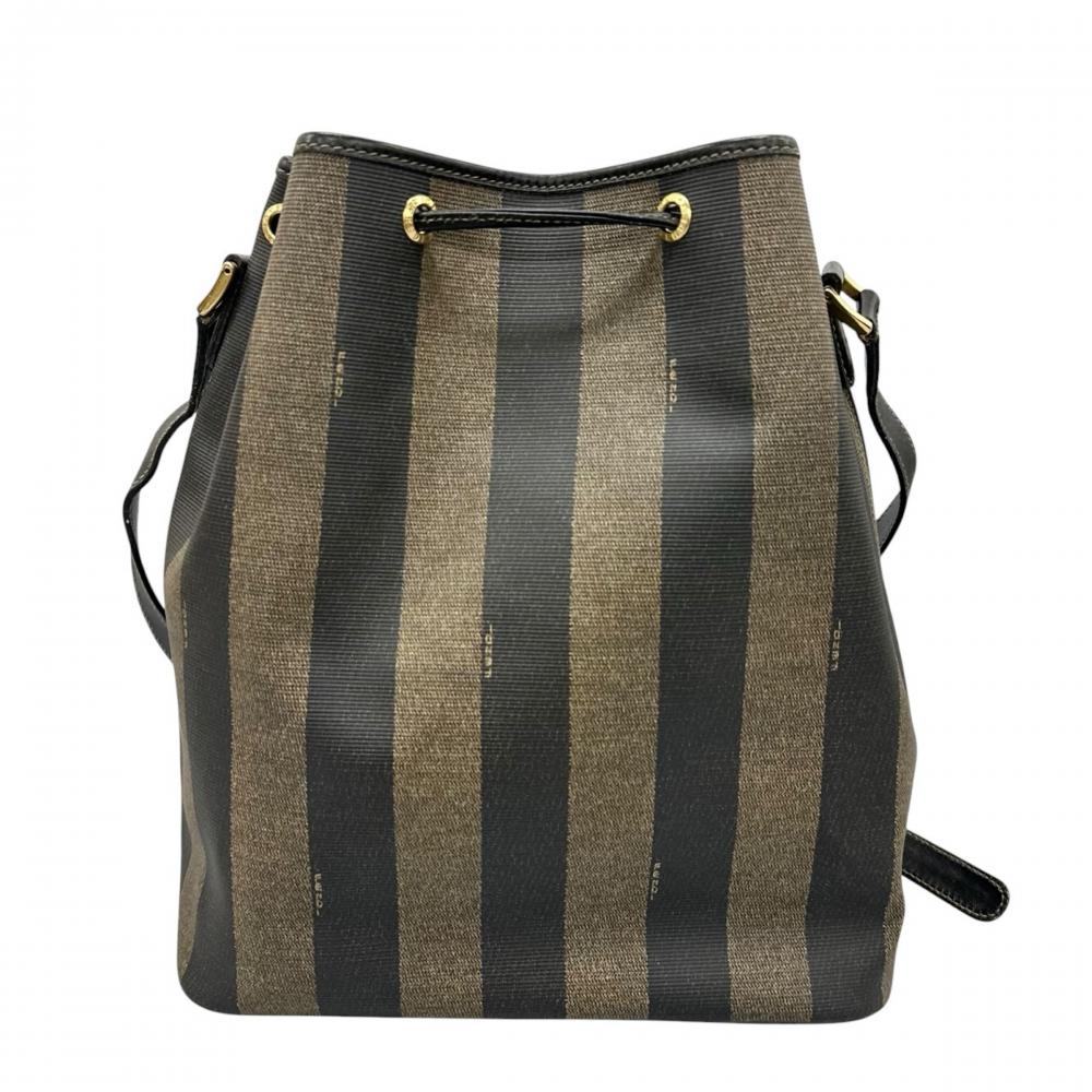 FENDI フェンディ ショルダーバッグ ペカン 巾着型 FFロゴ PVCコーティングキャンバス ブラウン 茶 ブラック 黒 ゴールド金具 レディース【中古品】
