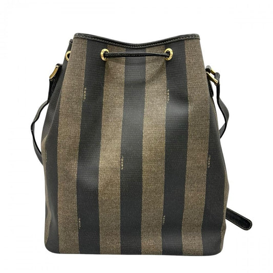 FENDI フェンディ ショルダーバッグ ペカン 巾着型 FFロゴ PVCコーティングキャンバス ブラウン 茶 ブラック 黒 ゴールド金具 レディース【中古品】